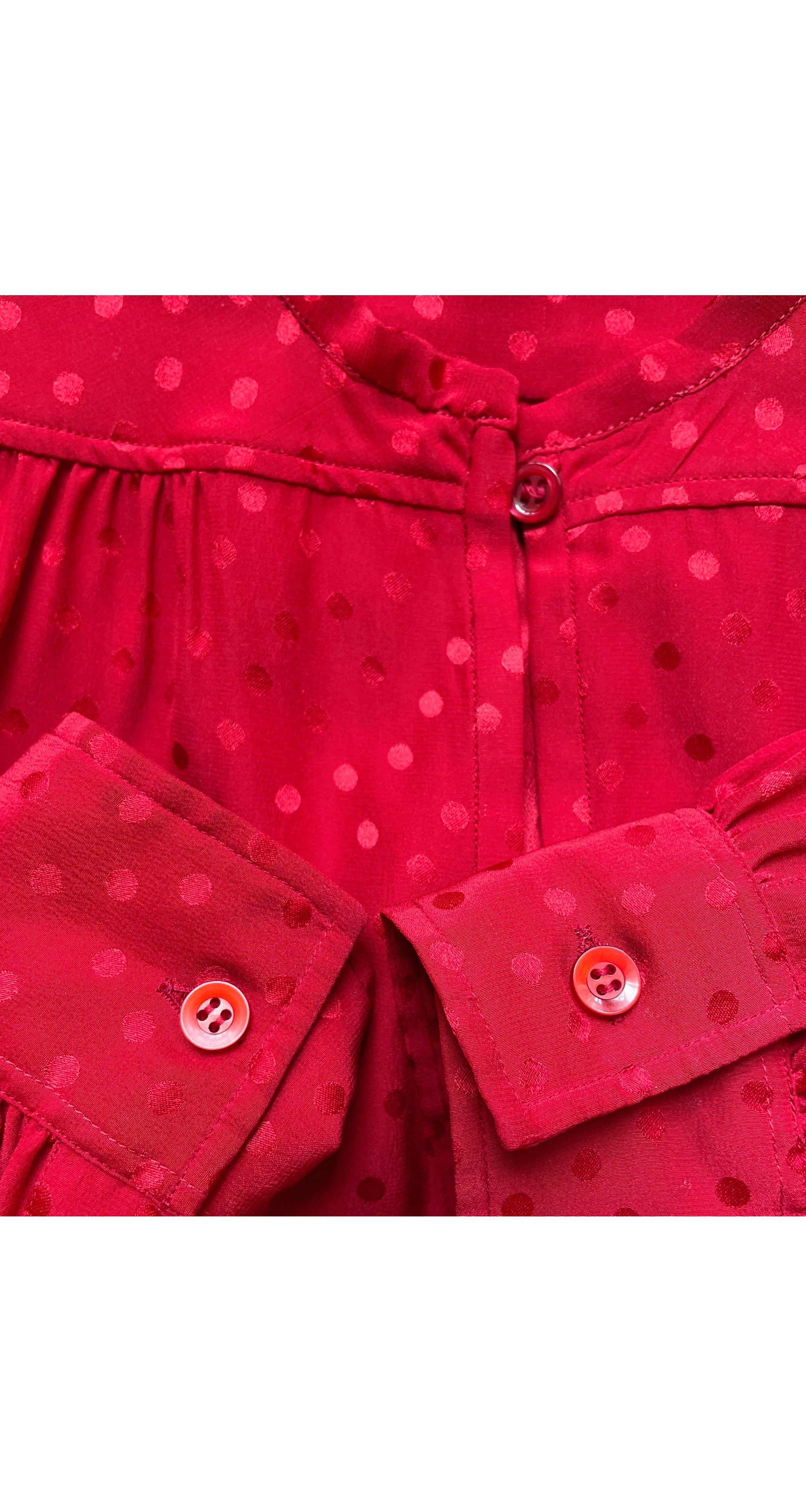 1980s Red Polka Dot Jacquard Silk Blouse