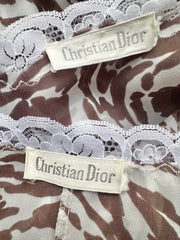 1970s Brown & White Abstract Print Lace Trim Peignoir Set