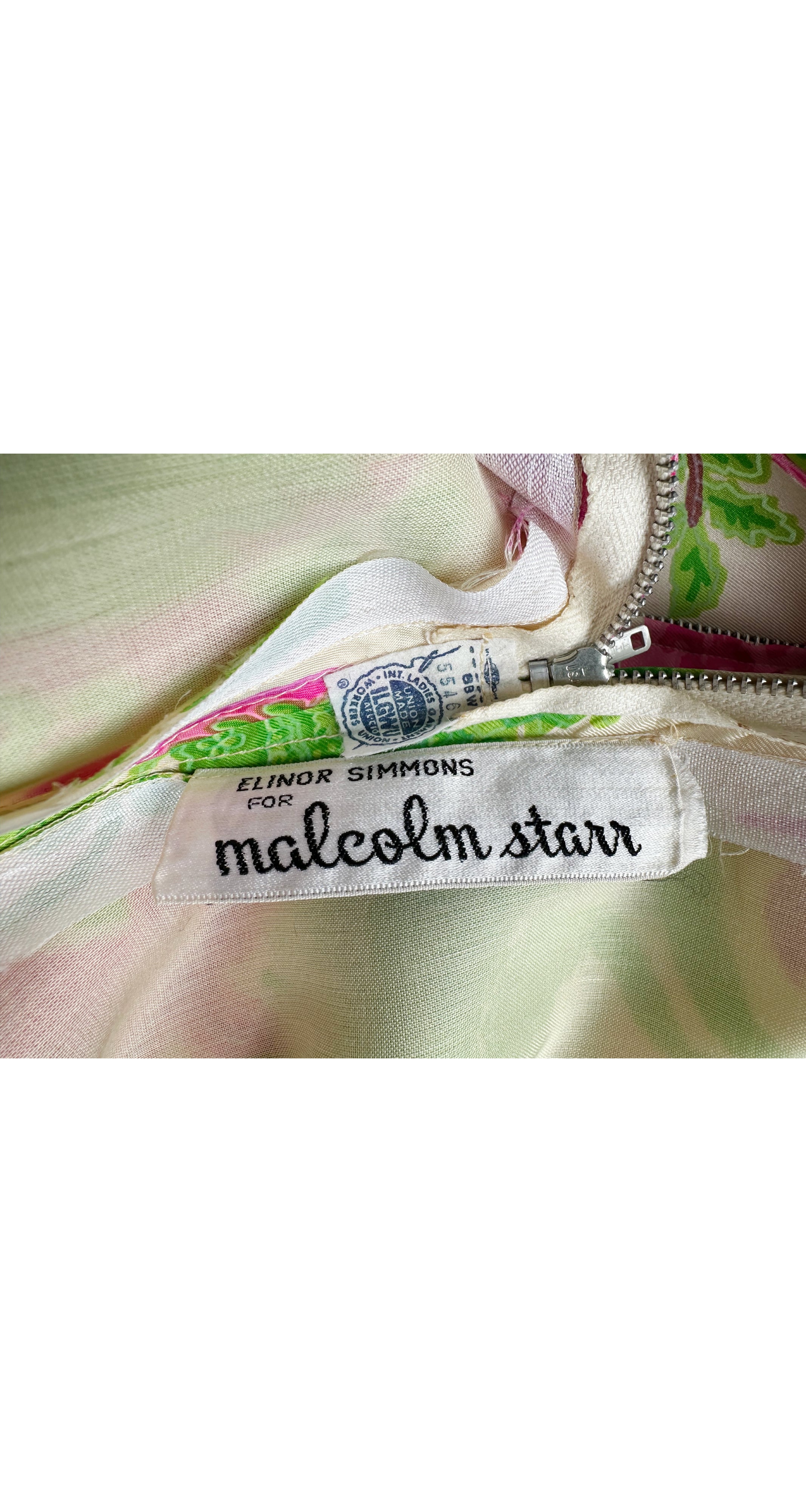 1960s Pink & Green Floral Print Silk Twill Evening Gown