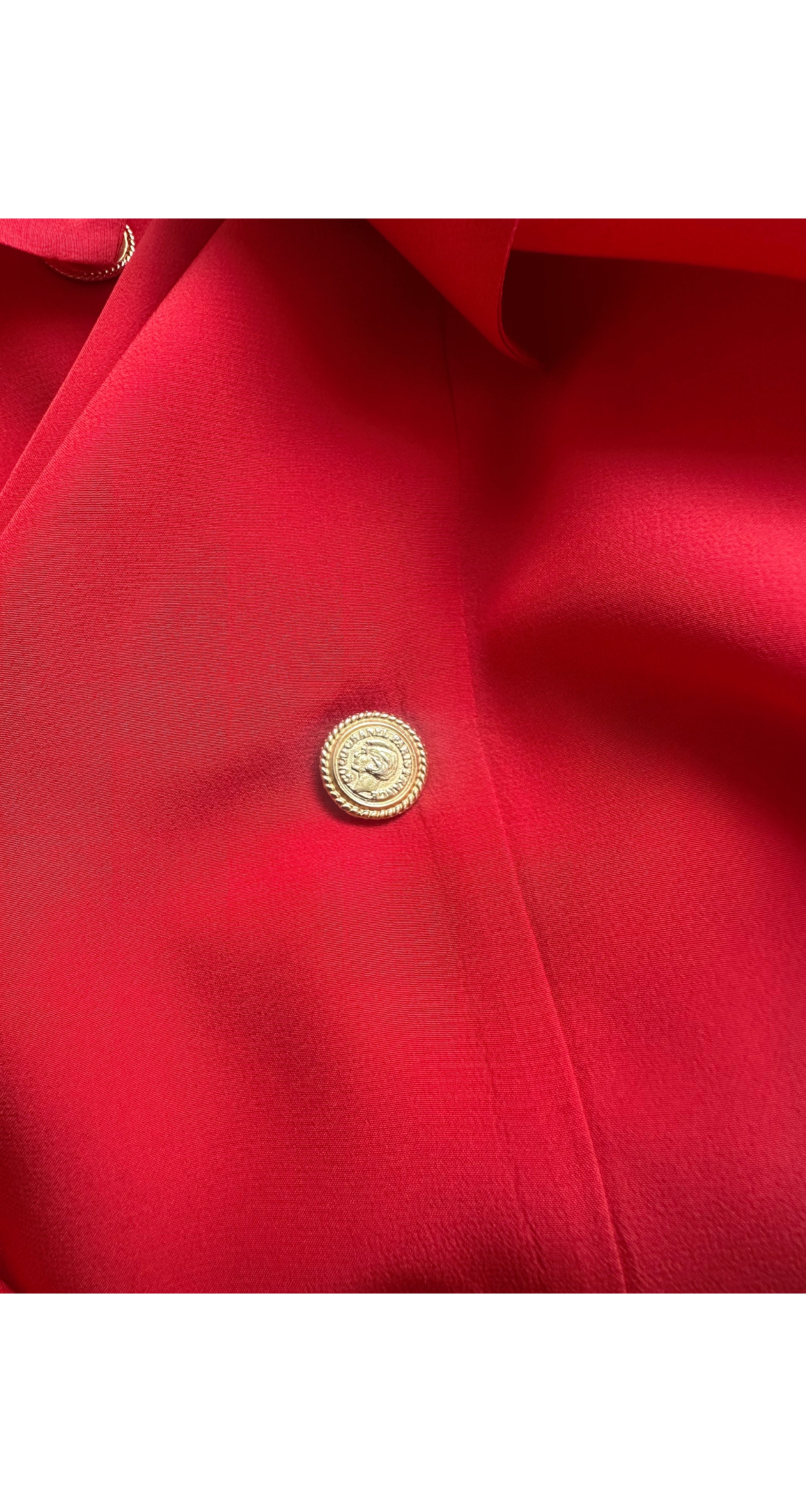 1986 S/S Red Silk Double-Breasted Collared Blouse