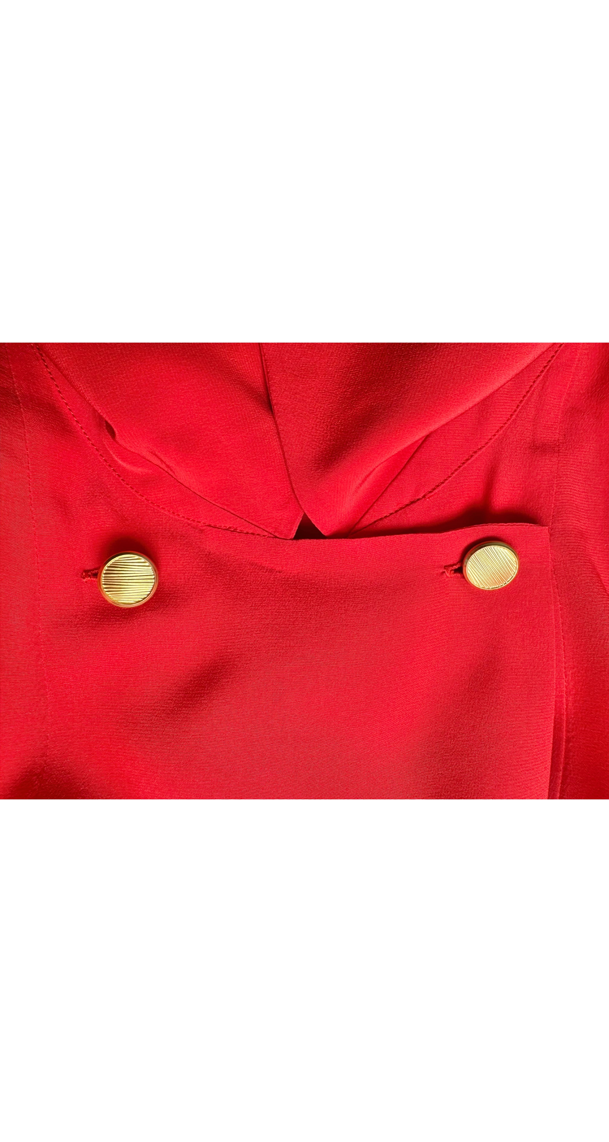 1986 S/S Red Silk Double-Breasted Collared Blouse