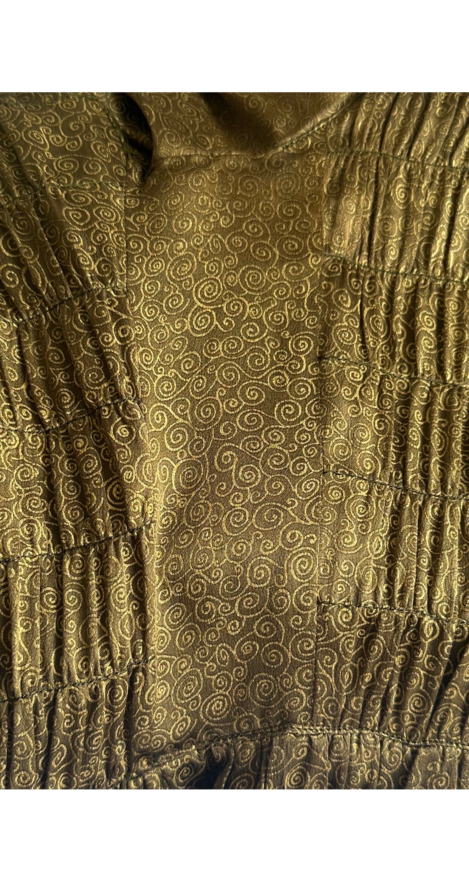 1978-79 F/W Gold Metallic Swirl Shirred Silk Midi Dress
