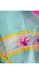 1990s Orchid Zig-Zag Print Blue Silk Long Scarf