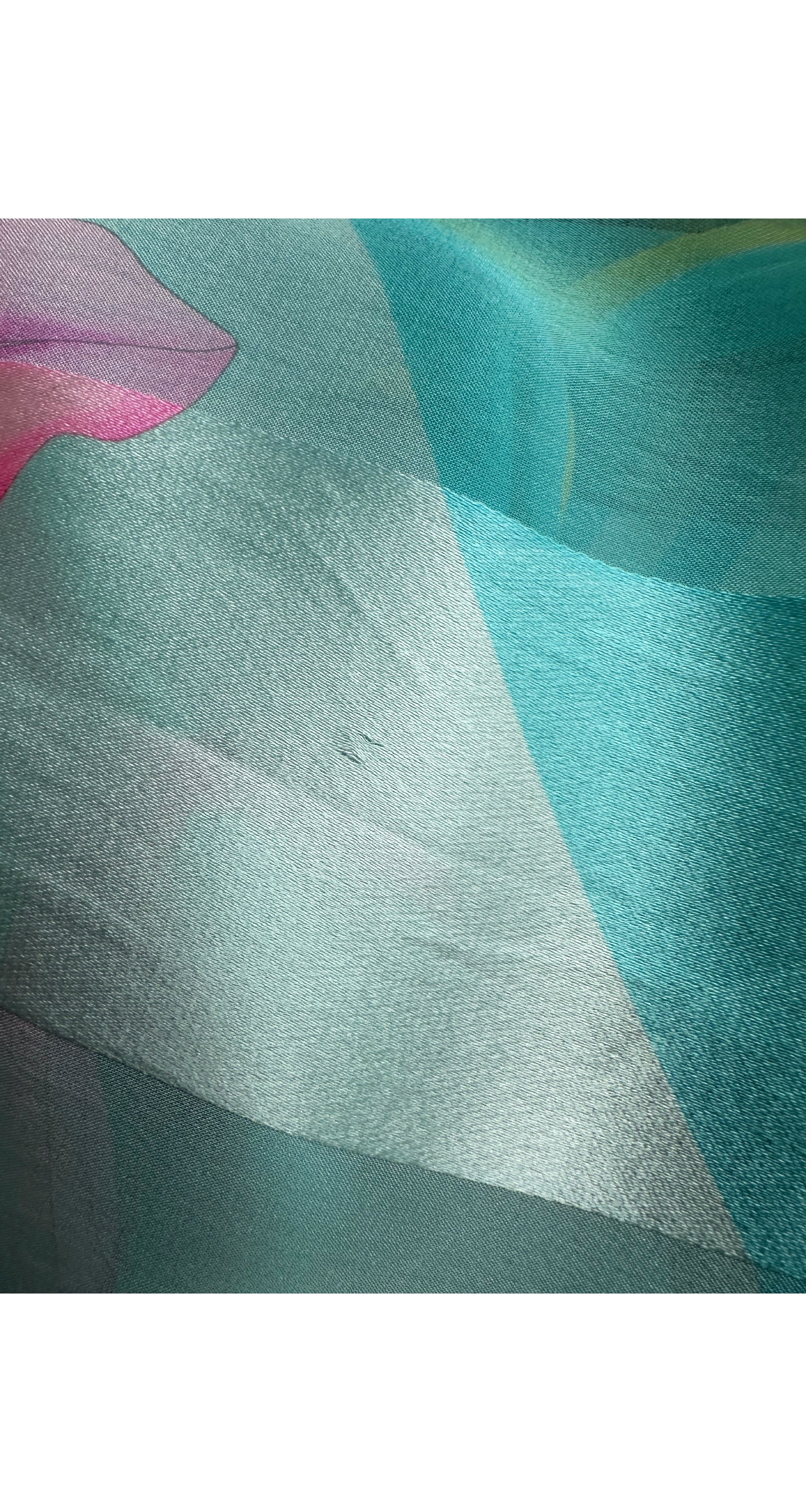1990s Orchid Zig-Zag Print Blue Silk Long Scarf