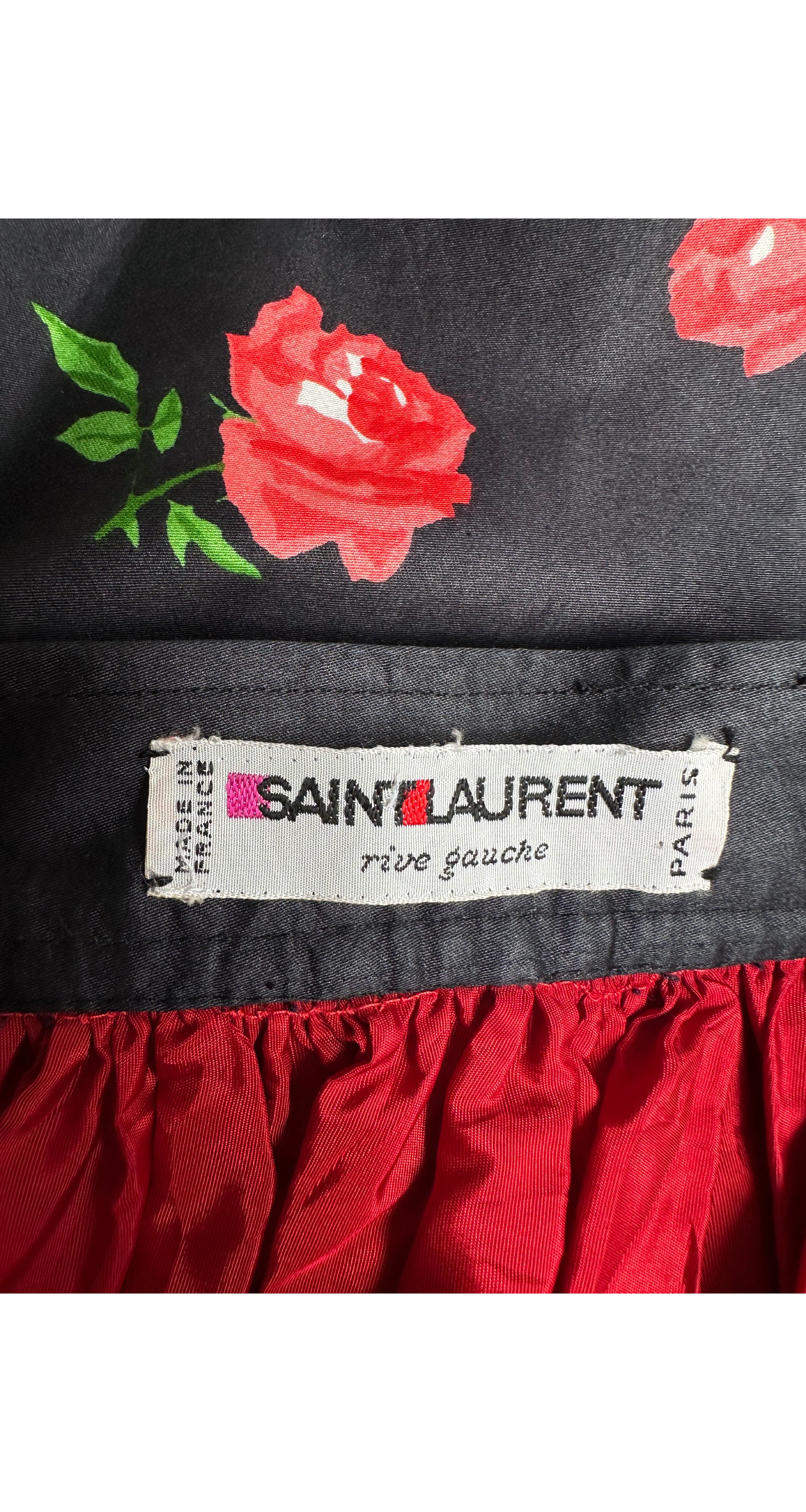 1977 S/S Rose Print Black Polished Cotton Full Skirt