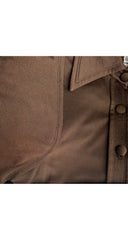 1970s Brown Jersey Bishop Sleeve Collared Maxi Dress