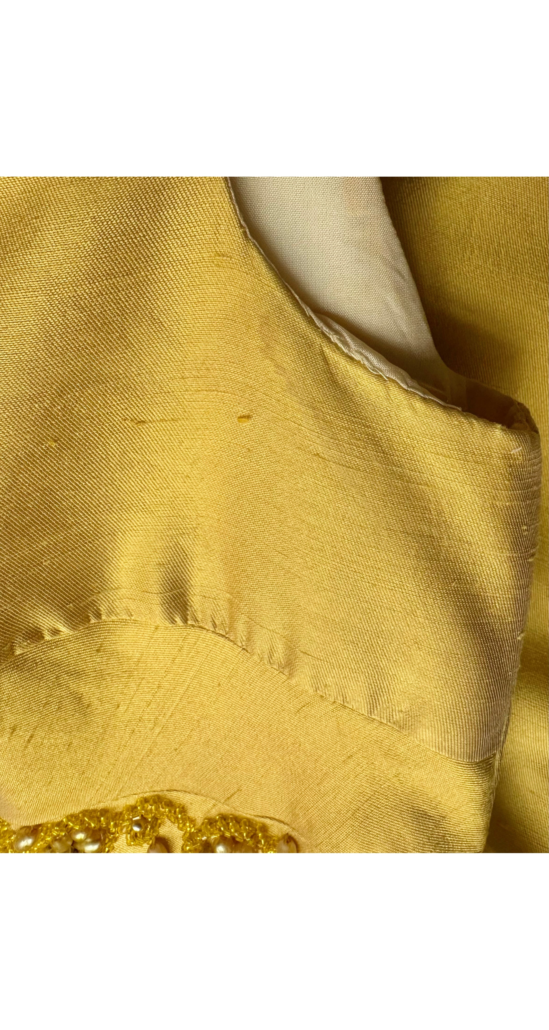 1960s Beaded Yellow Raw Silk Evening Gown