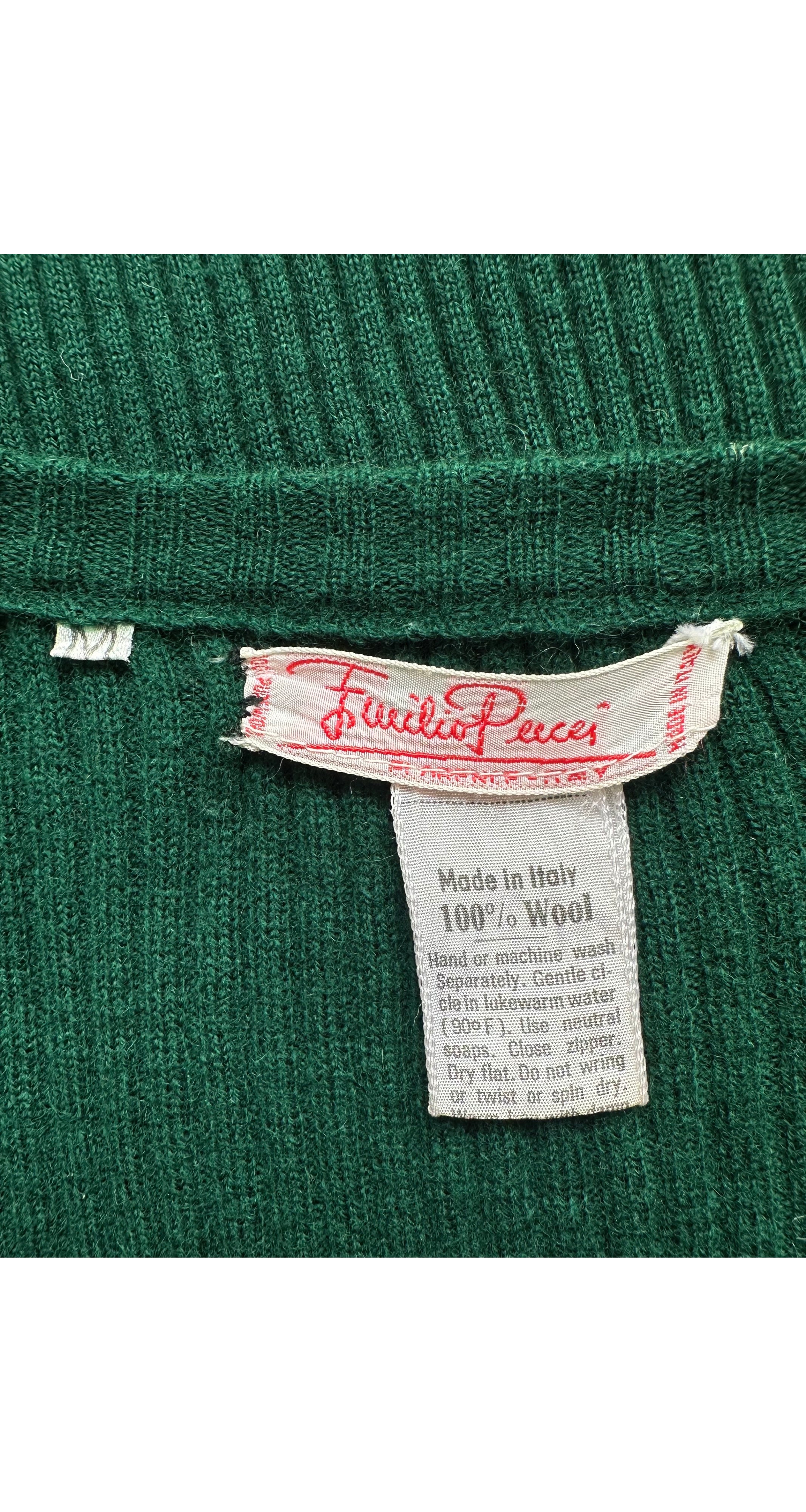 1970s Logo Dark Green Ribbed Wool V-Neck Sweater