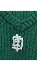 1970s Logo Dark Green Ribbed Wool V-Neck Sweater