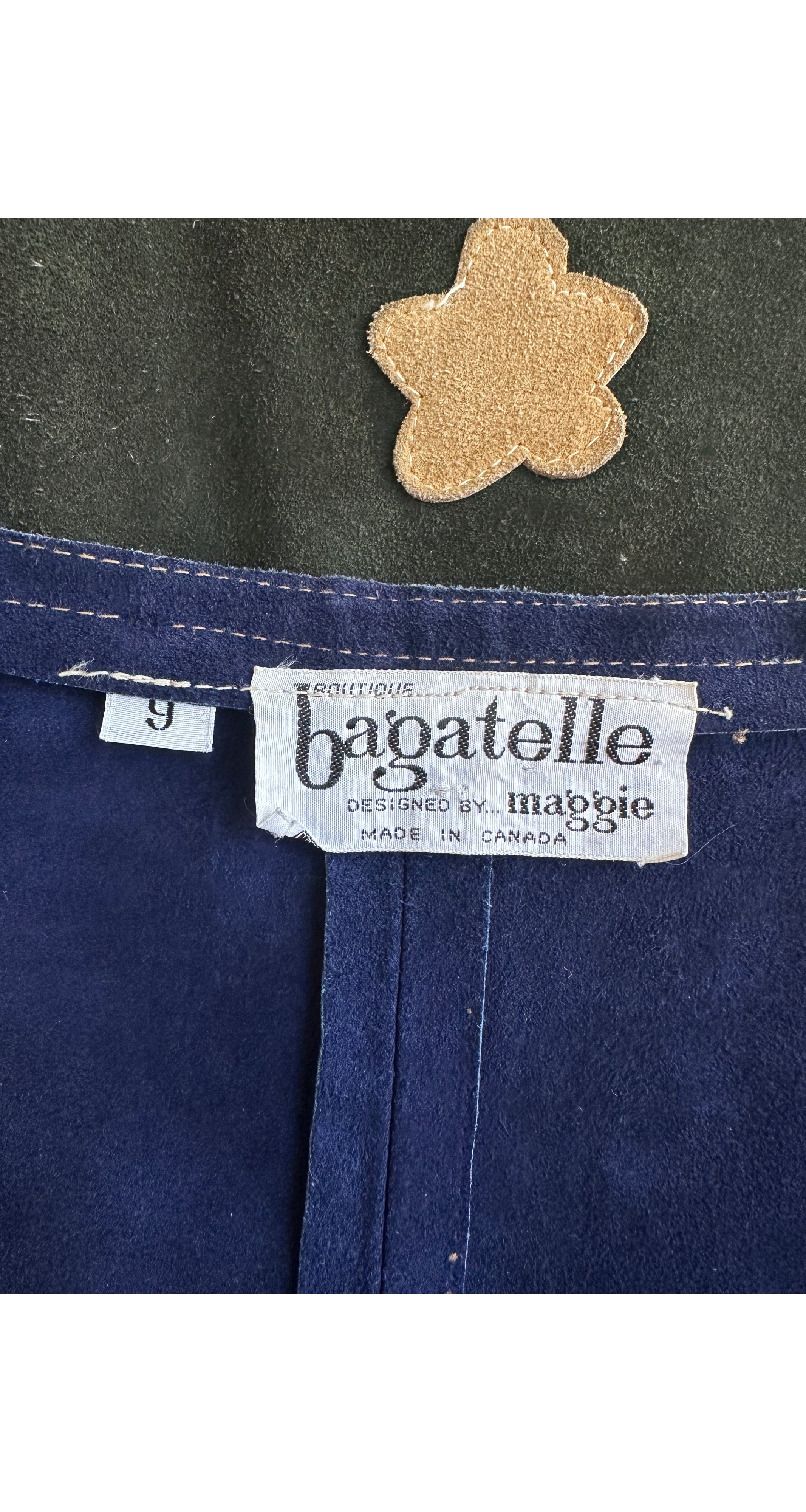 1970s Scenic Appliqué Navy Suede A-Line Midi Skirt