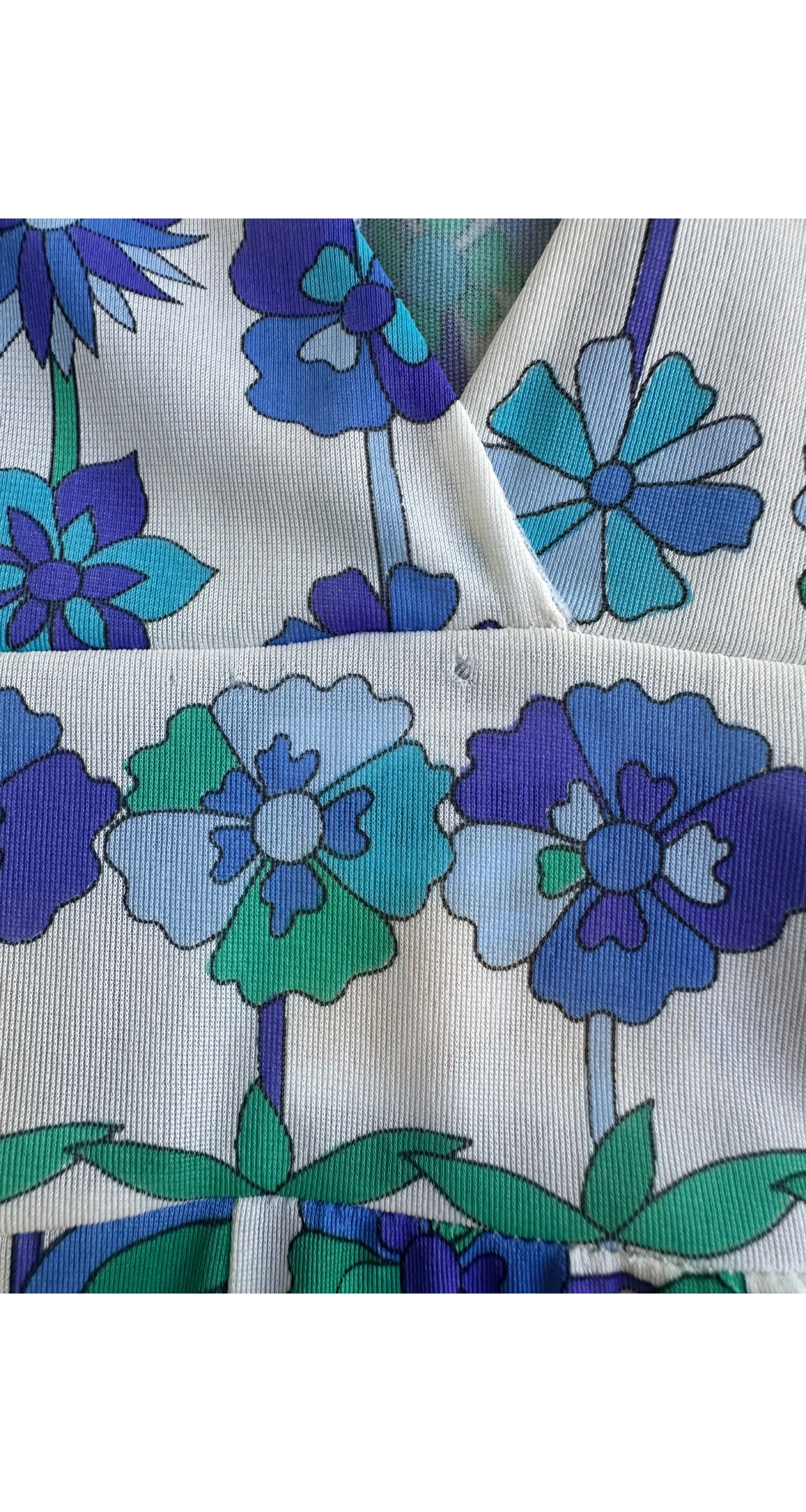 1960s Blue & Green Floral Print Deep V-Neck Nightgown