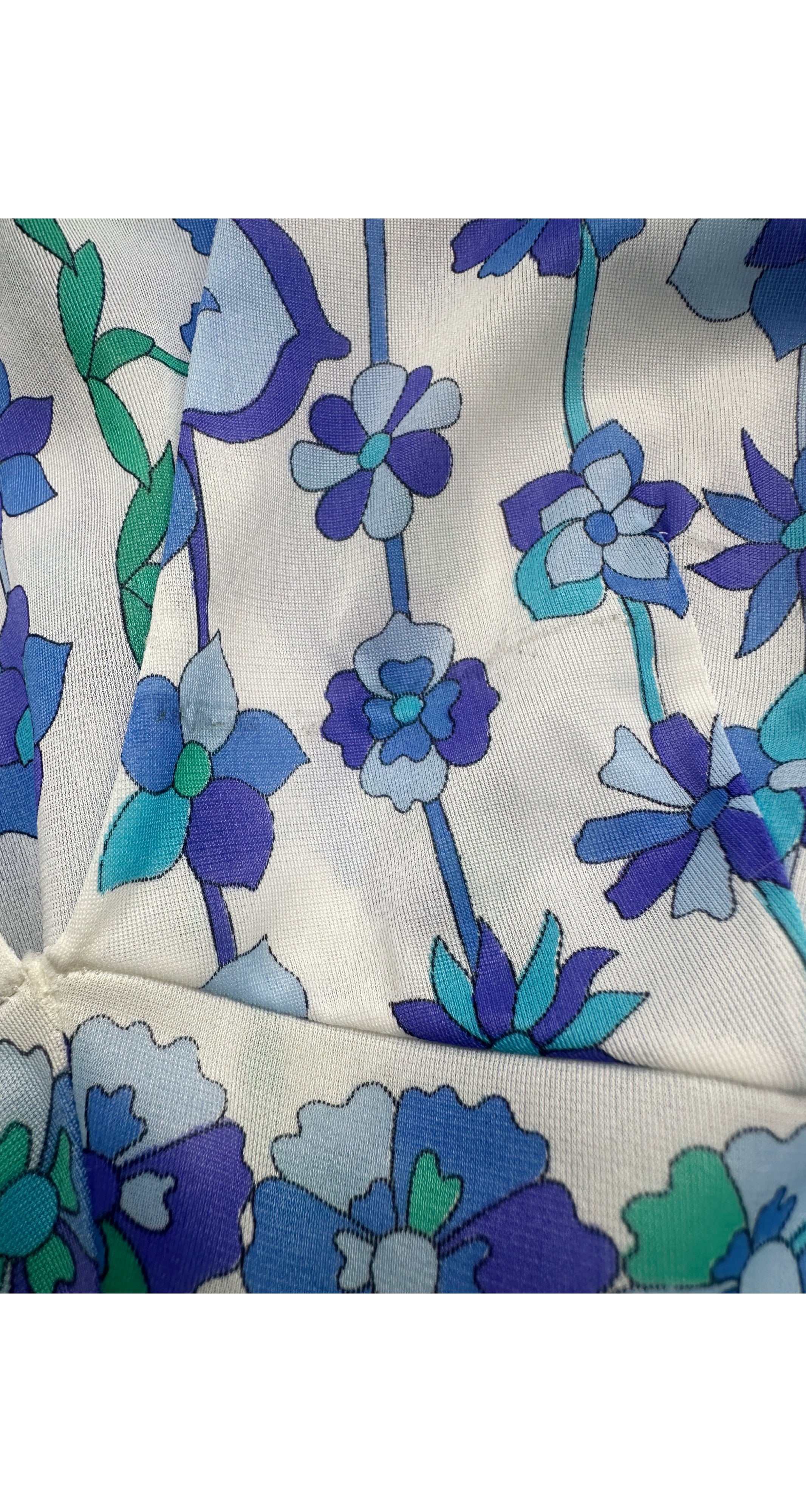 1960s Blue & Green Floral Print Deep V-Neck Nightgown