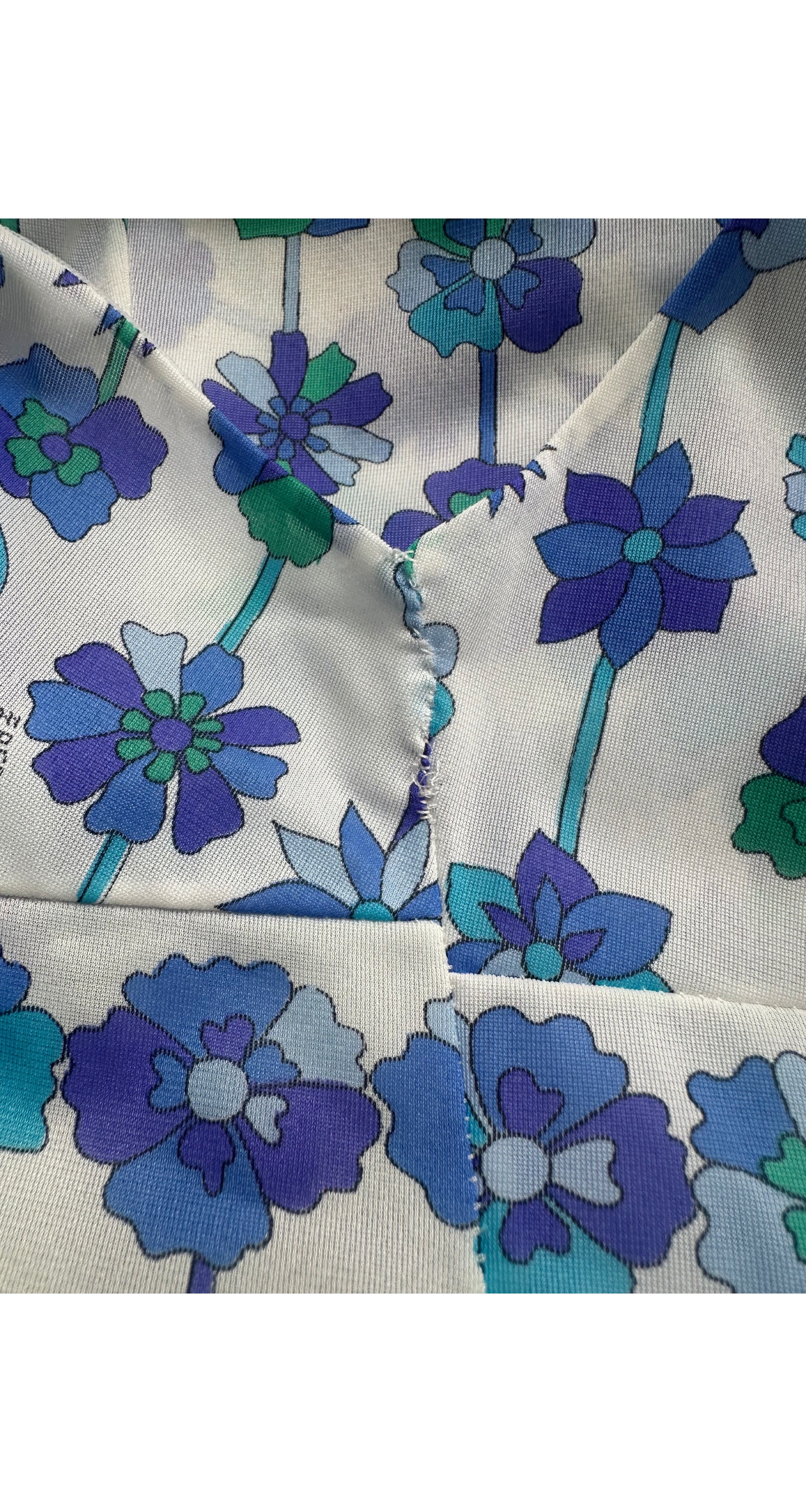 1960s Blue & Green Floral Print Deep V-Neck Nightgown