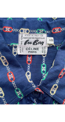 1980s Chainlink Print Navy Cotton Short Sleeve Blouse
