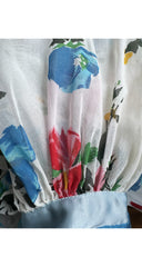 1970s Floral White Cotton Voile Balloon Sleeve Dress