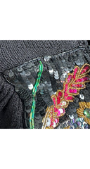 1980s Floral Embellished Black Knit Evening Dress