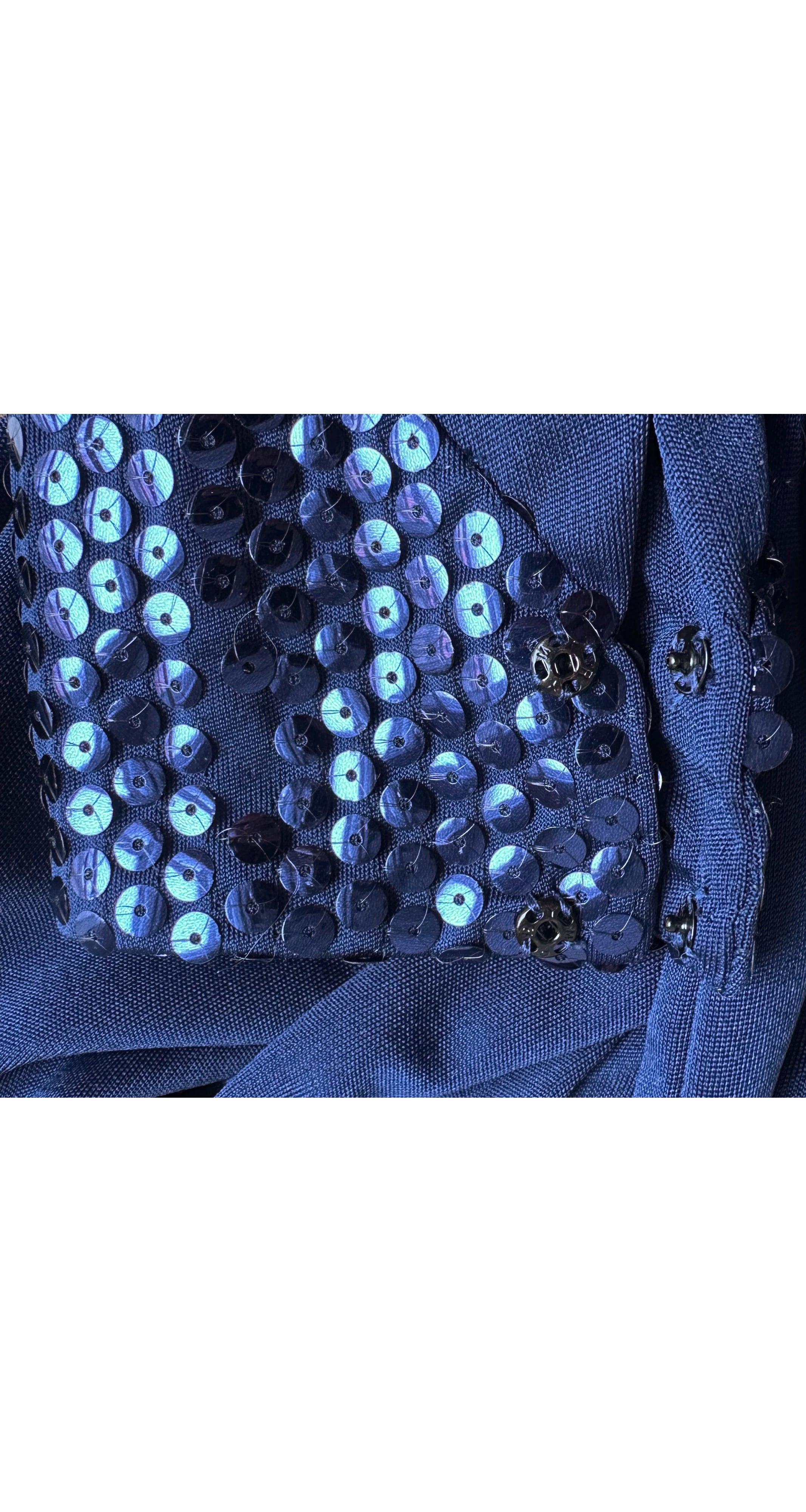 1970s Sequin Blue Jersey Plunge Neck Palazzo Jumpsuit