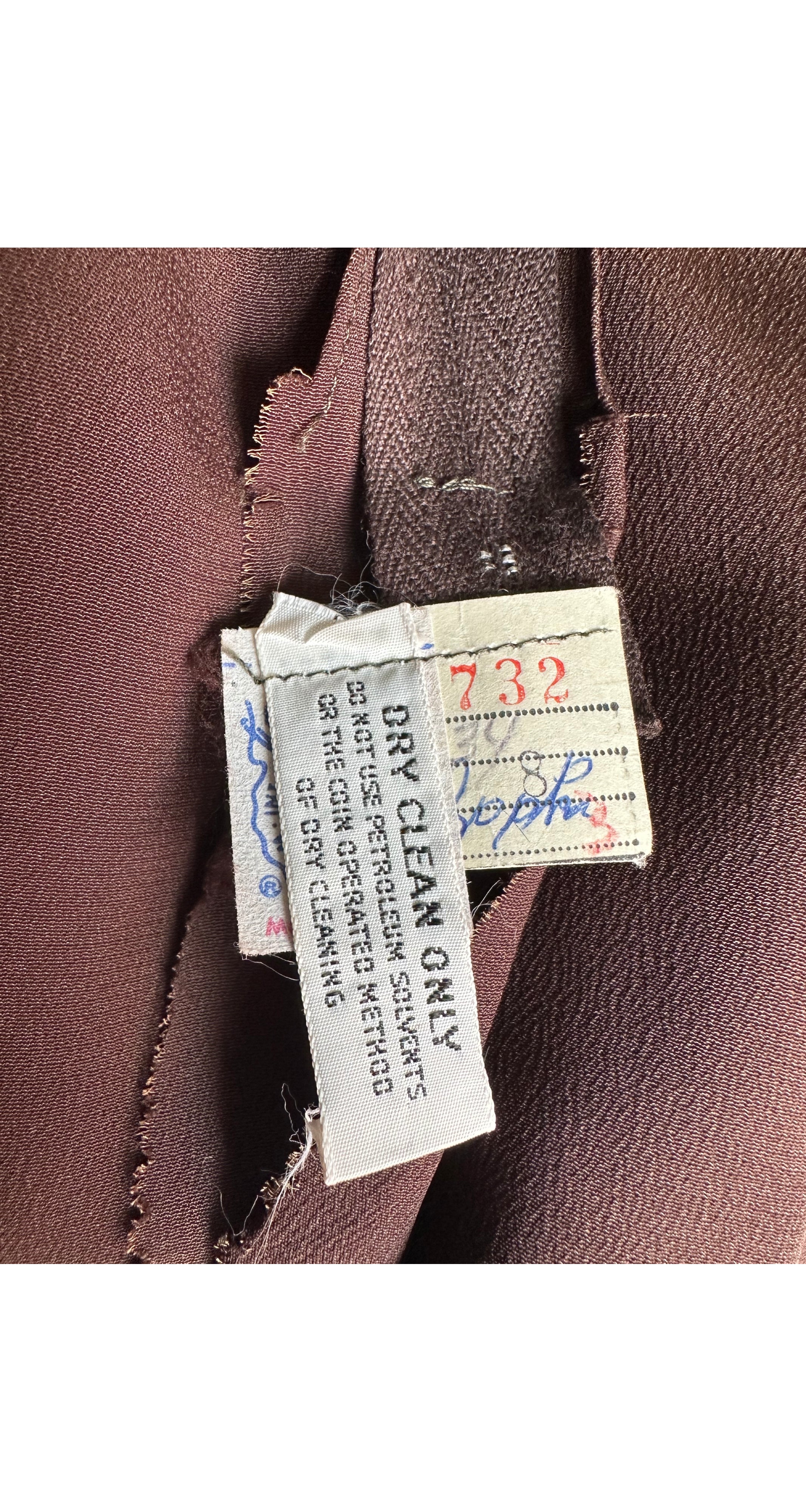 1970s Brown Polka Dot Devoré Feather Trim Gown