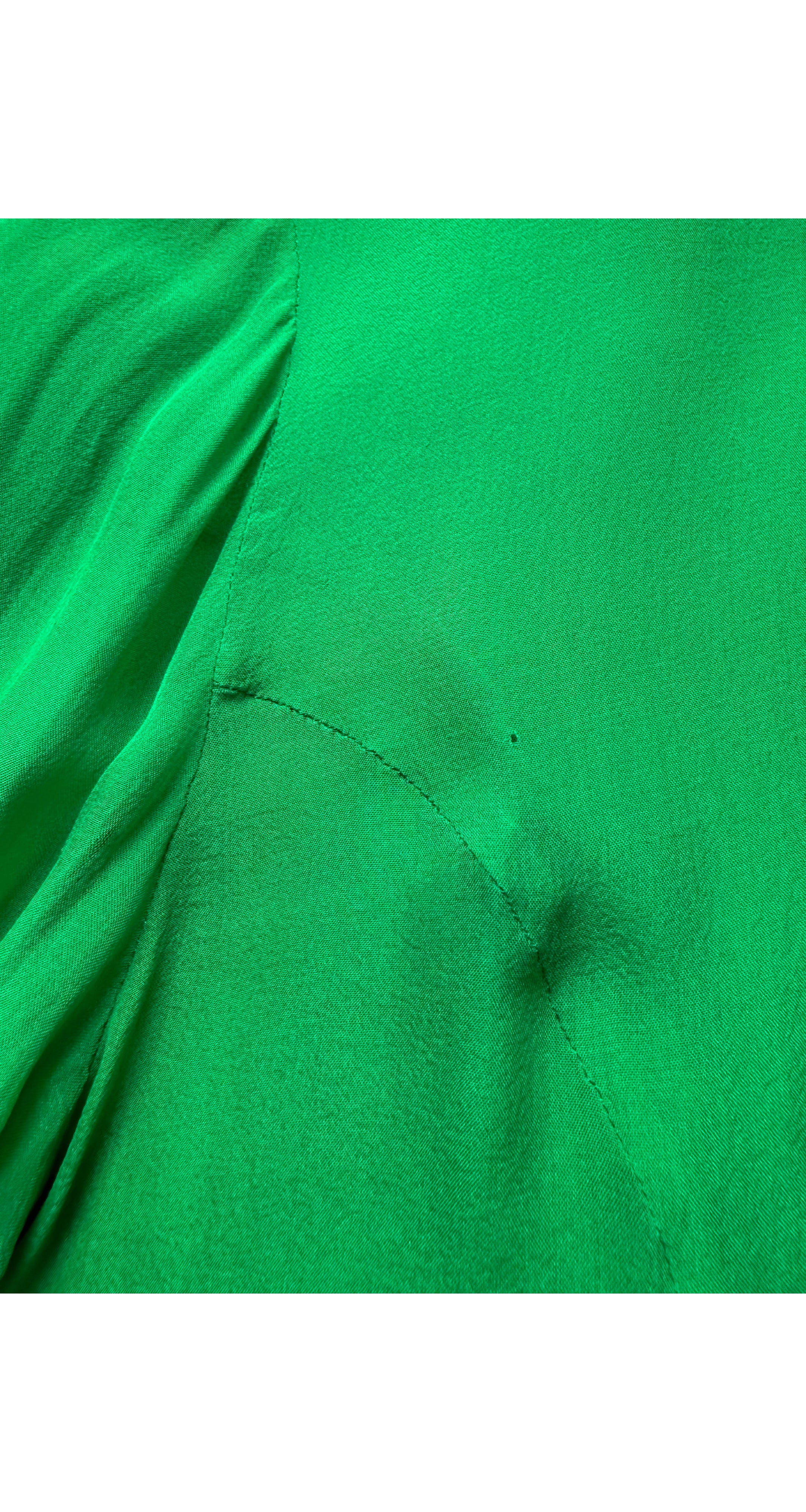 2000s Emerald Green Silk Chiffon Tiered Bow Sleeve Blouse