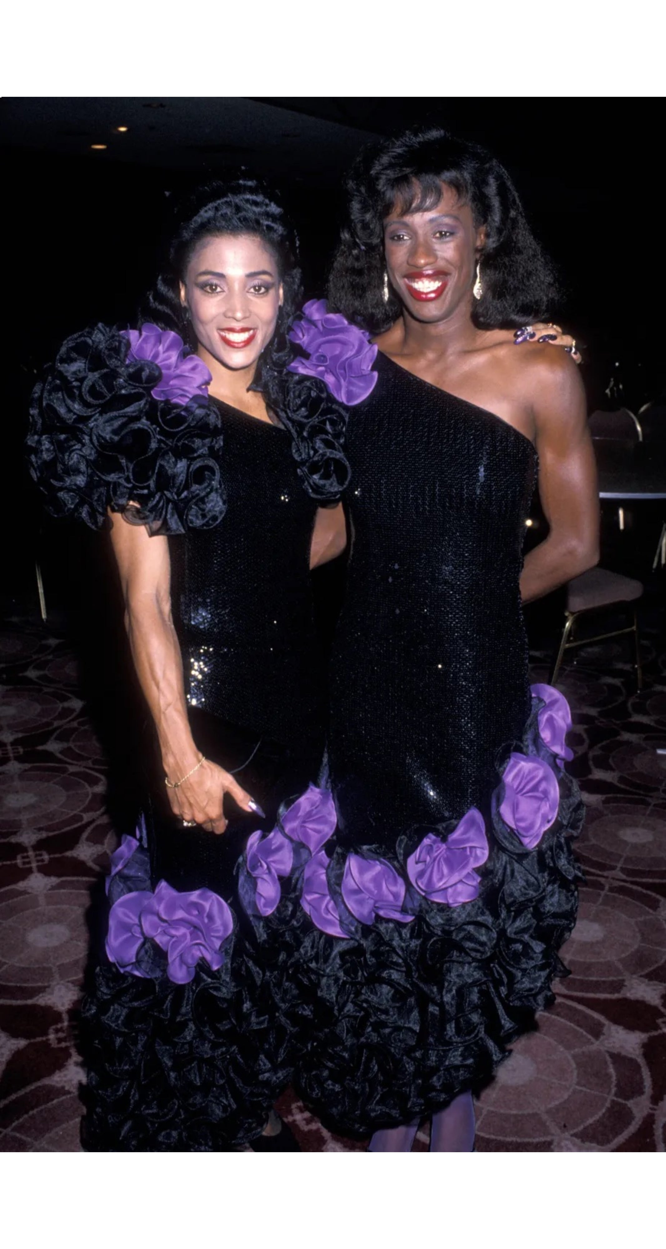 1988 Documented Black Sequin Ruffle One-Shoulder Gown