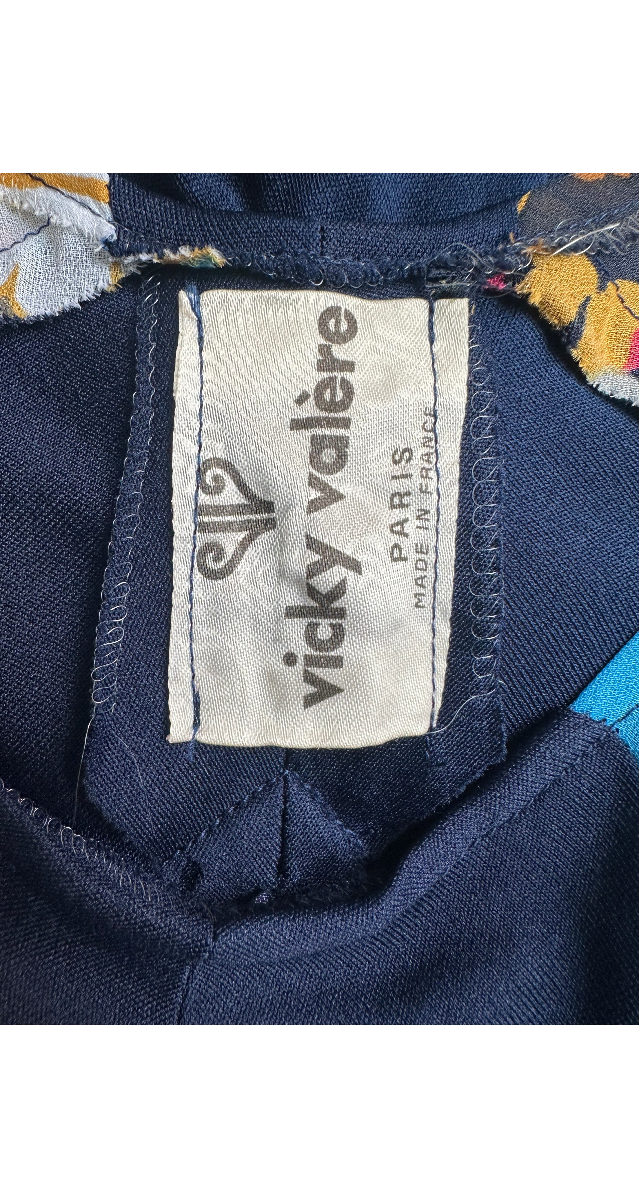 1970s Floral Patchwork Navy Jersey Maxi Dress