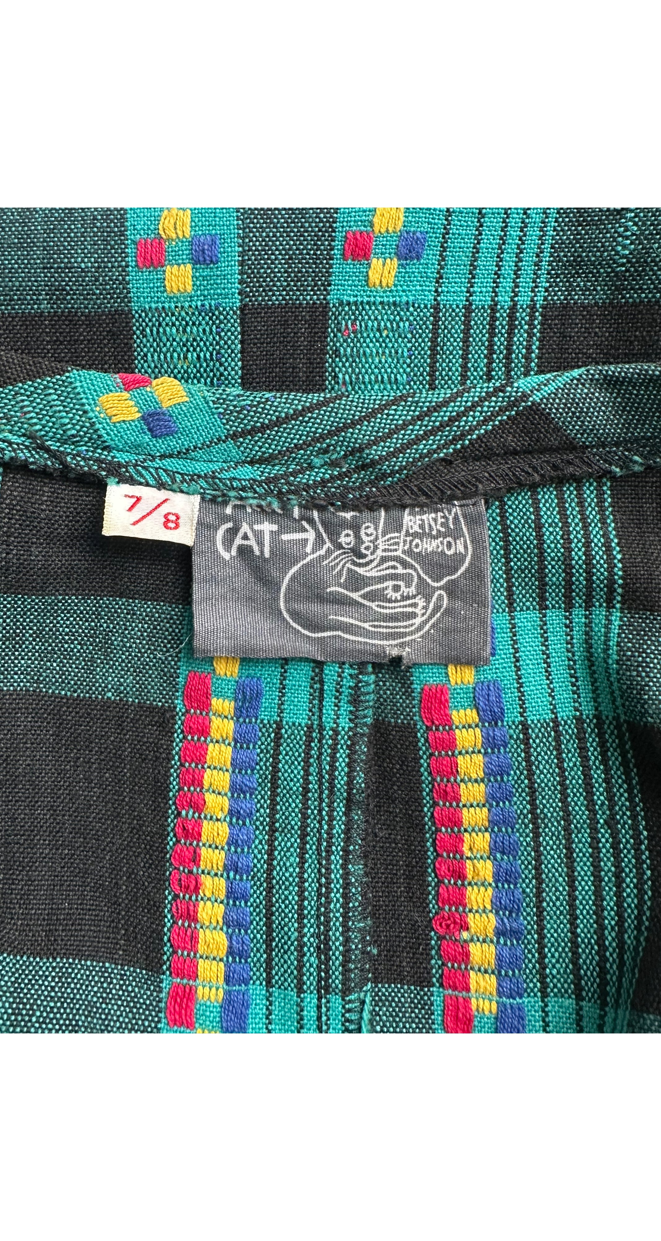 1971 S/S Teal Plaid Cotton Puff Shoulder Midi Dress