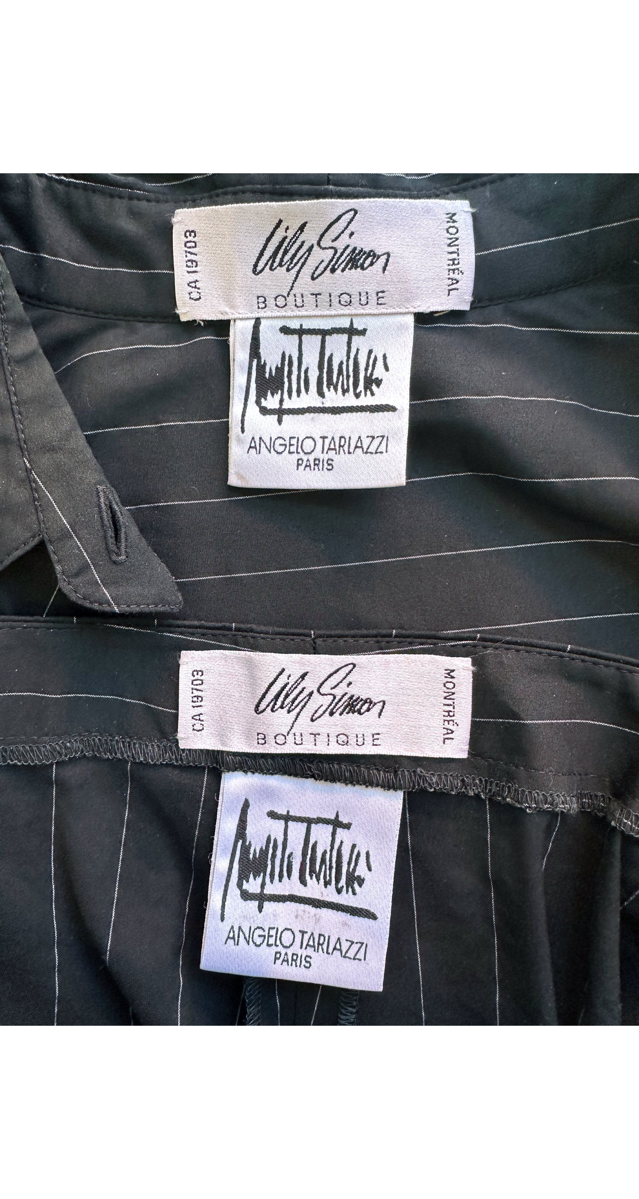 1990s Pinstripe Black Cotton Zip-Up Pant Suit