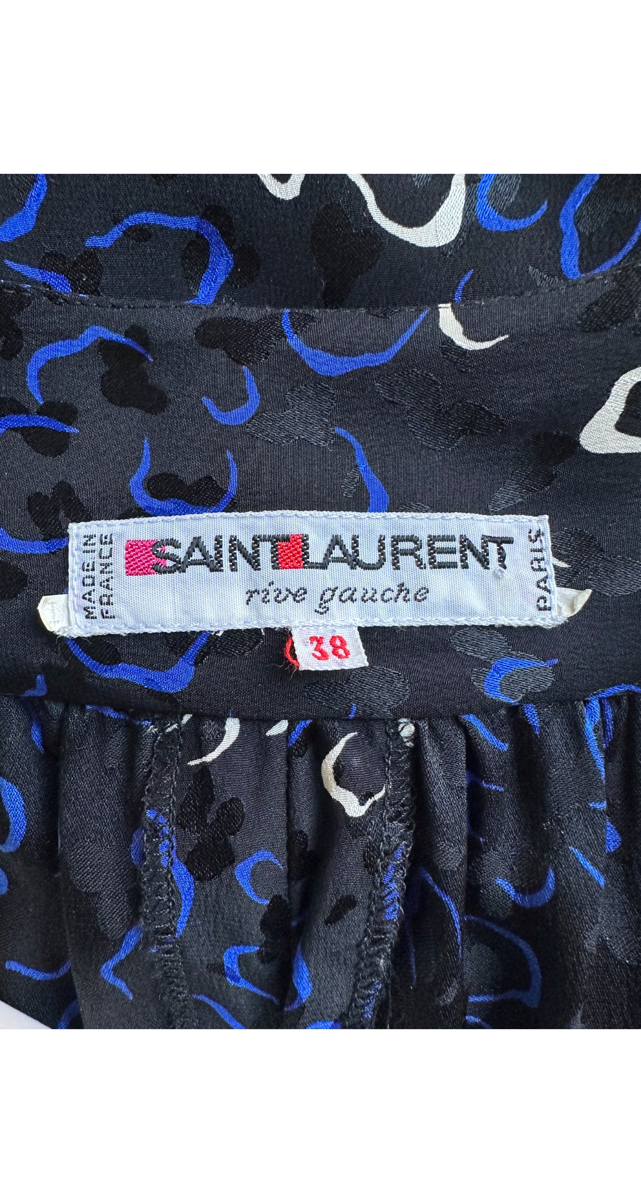 1985 S/S Black Silk Jacquard Puff Sleeve Wrap Dress