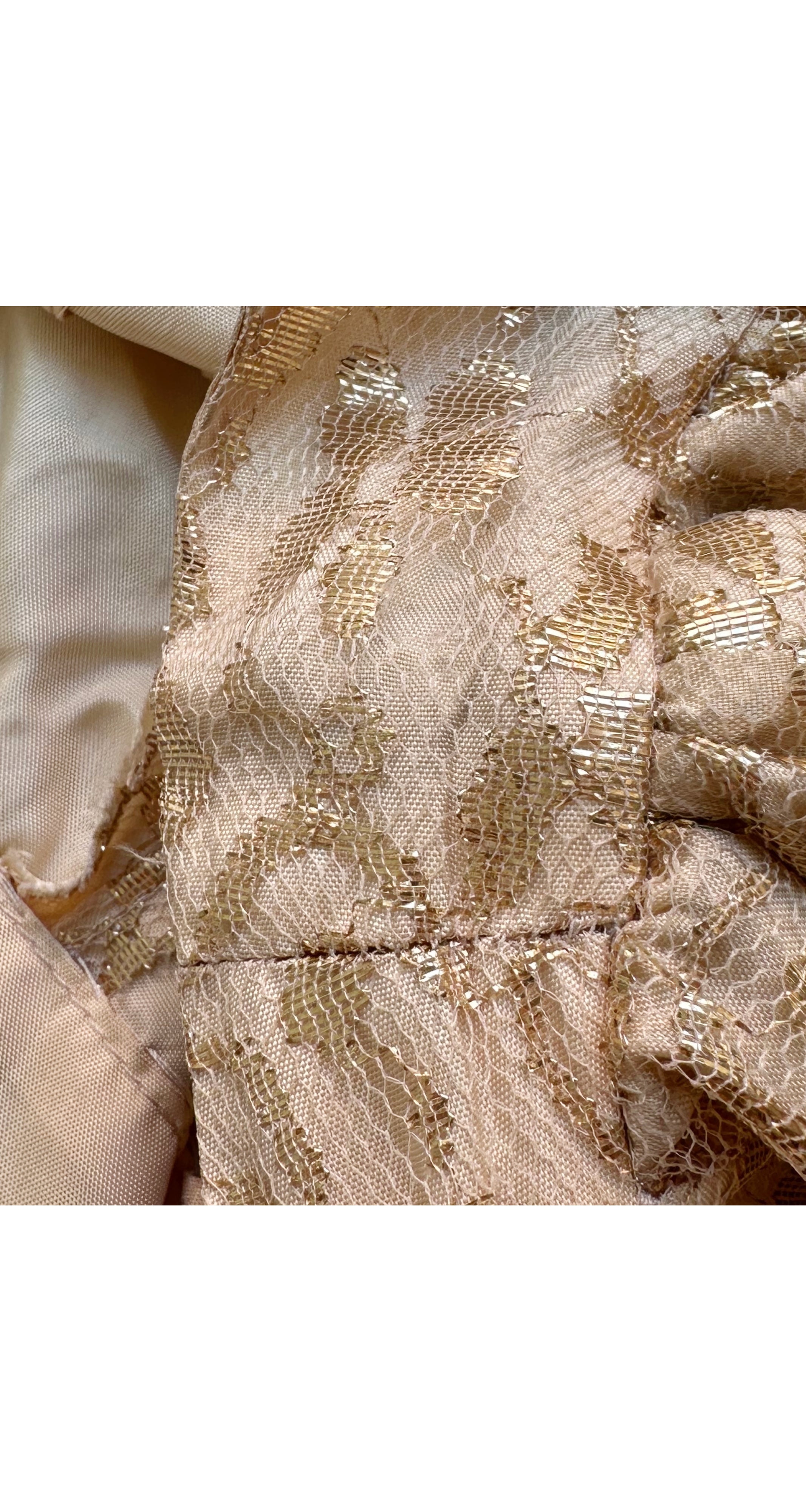 1950s Floral Gold Lace Puff Sleeve Cocktail Dress