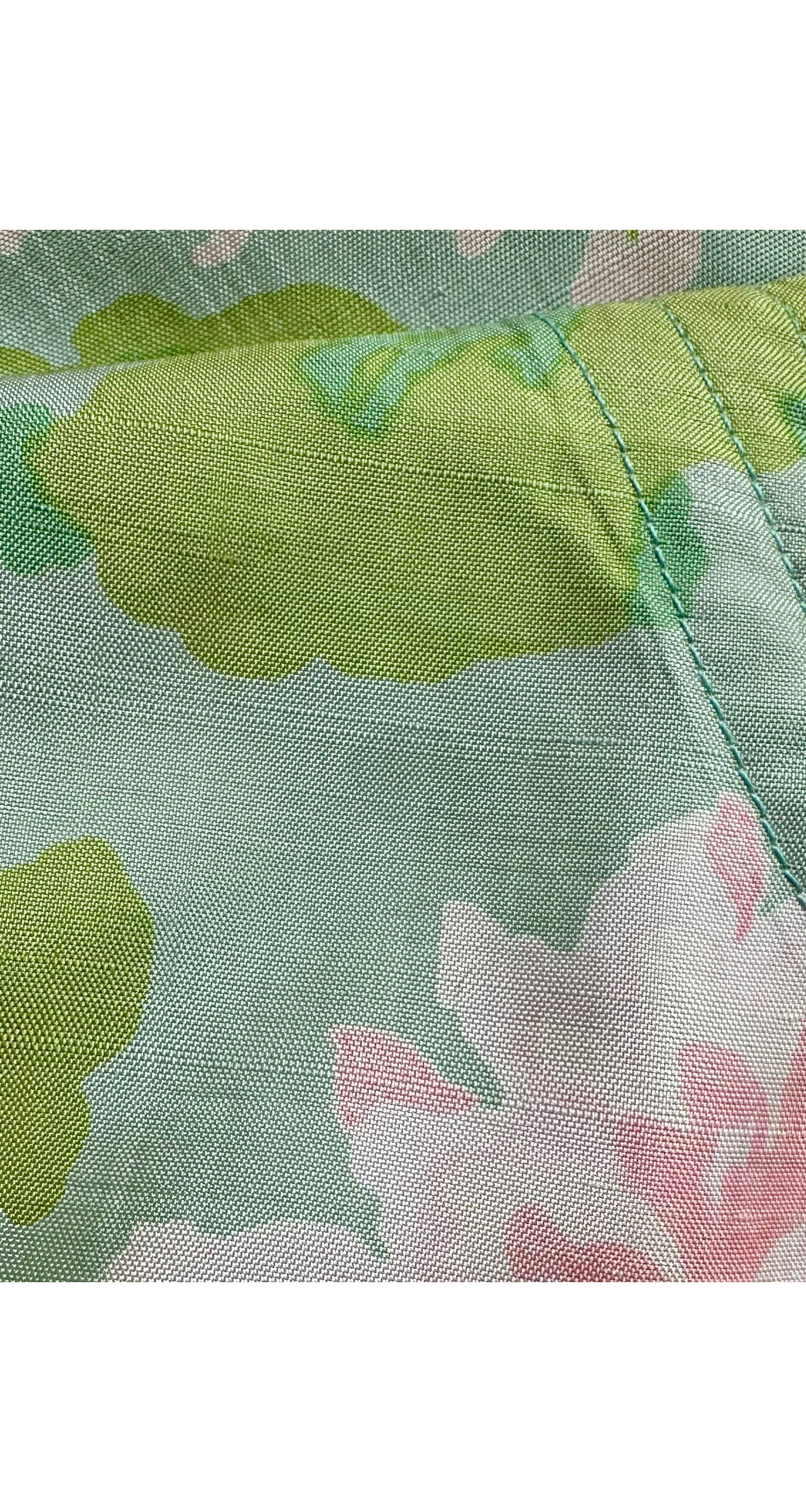 1970s Floral Bird Print Green Thai Silk Caftan