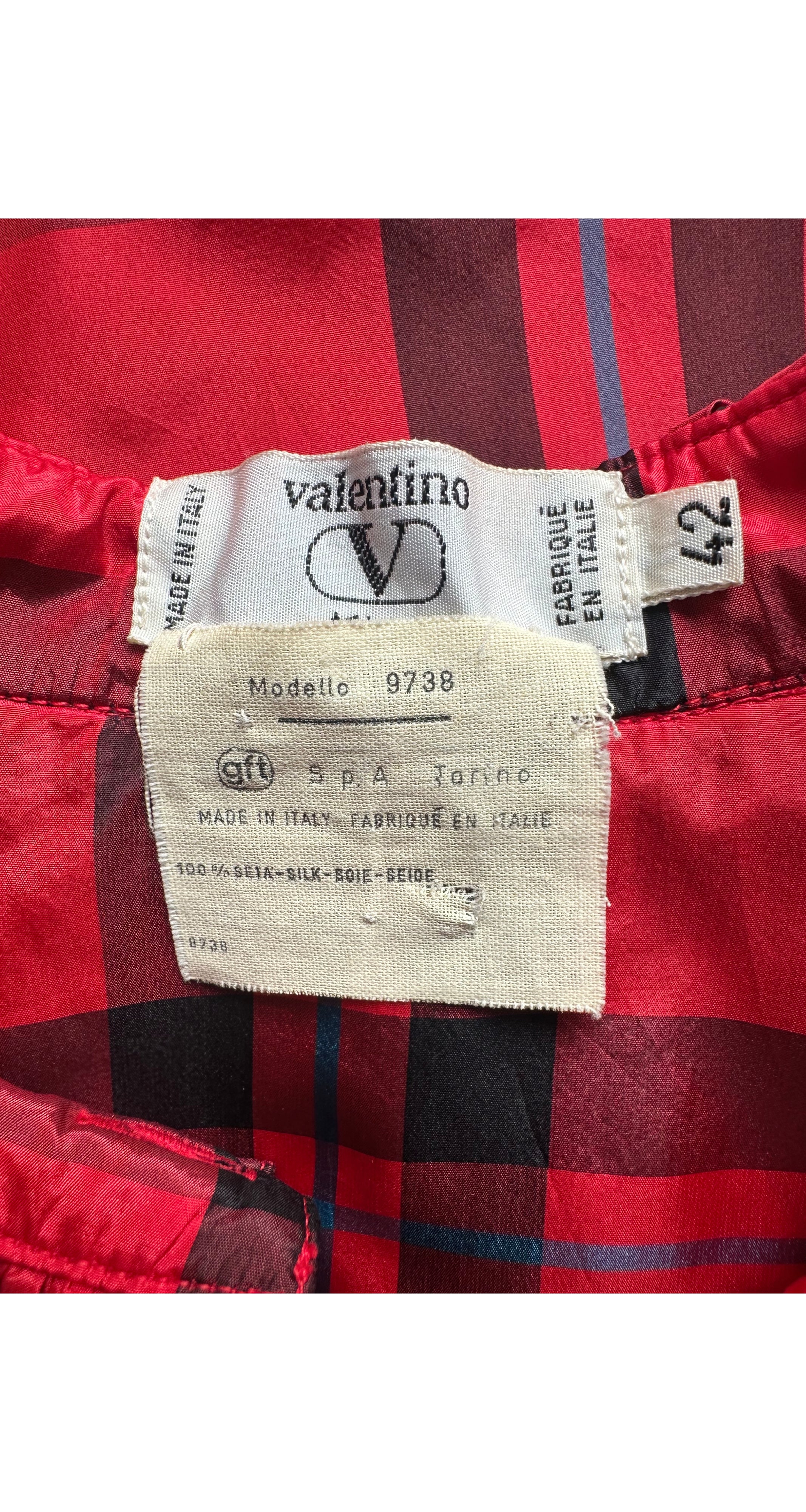 1980s Red Plaid Silk Taffeta Ruffle Collar Blouse