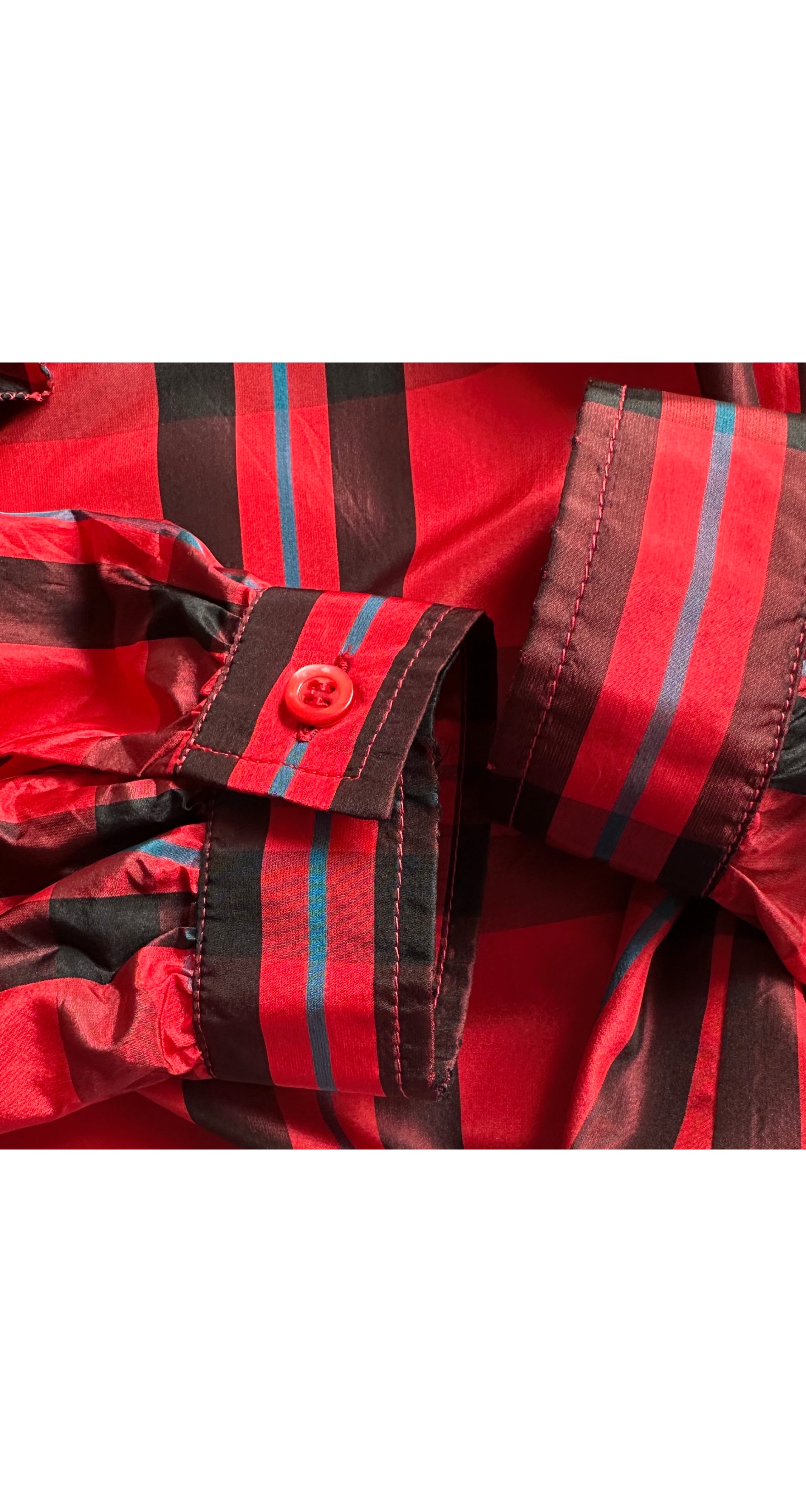 1980s Red Plaid Silk Taffeta Ruffle Collar Blouse