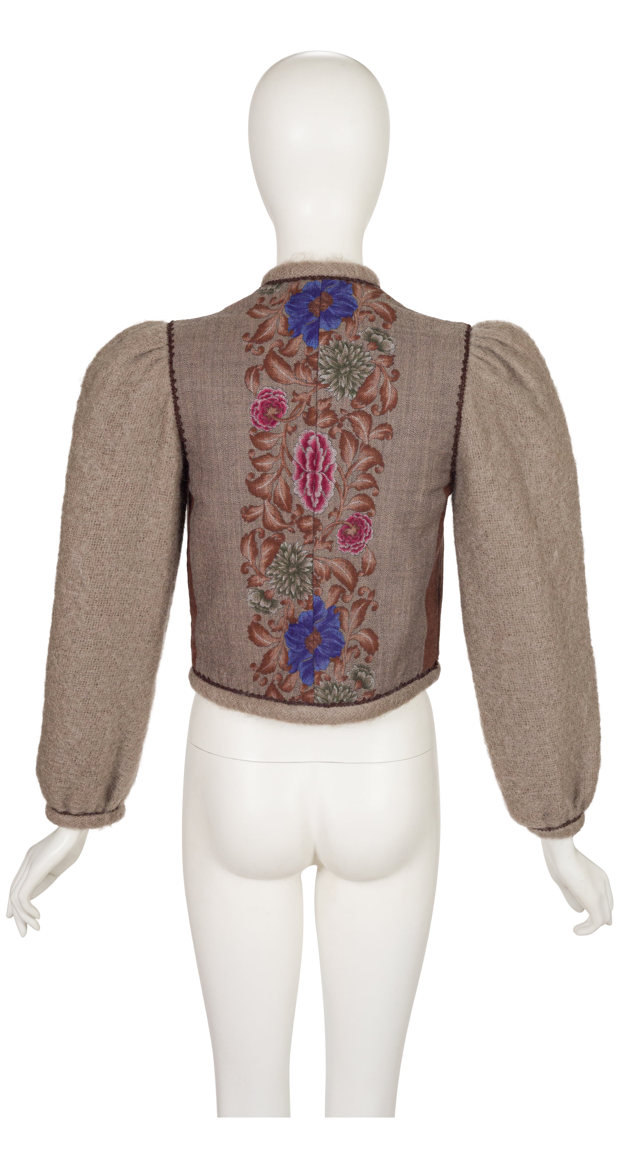 1980s Floral Print Wool Puff Sleeve Cropped Jacket