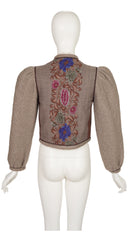 1980s Floral Print Wool Puff Sleeve Cropped Jacket