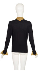 1980s Black Cashmere & Gold Metallic Tie-Neck Sweater