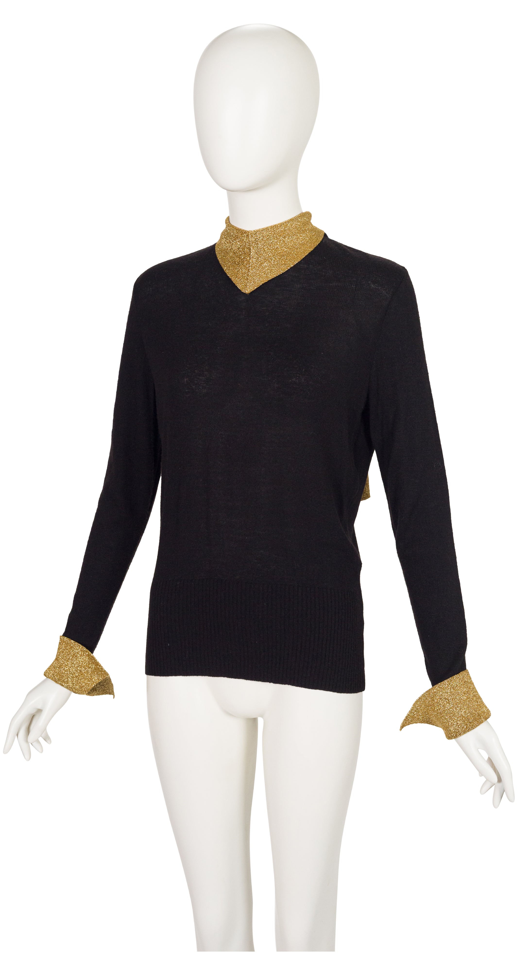 1980s Black Cashmere & Gold Metallic Tie-Neck Sweater