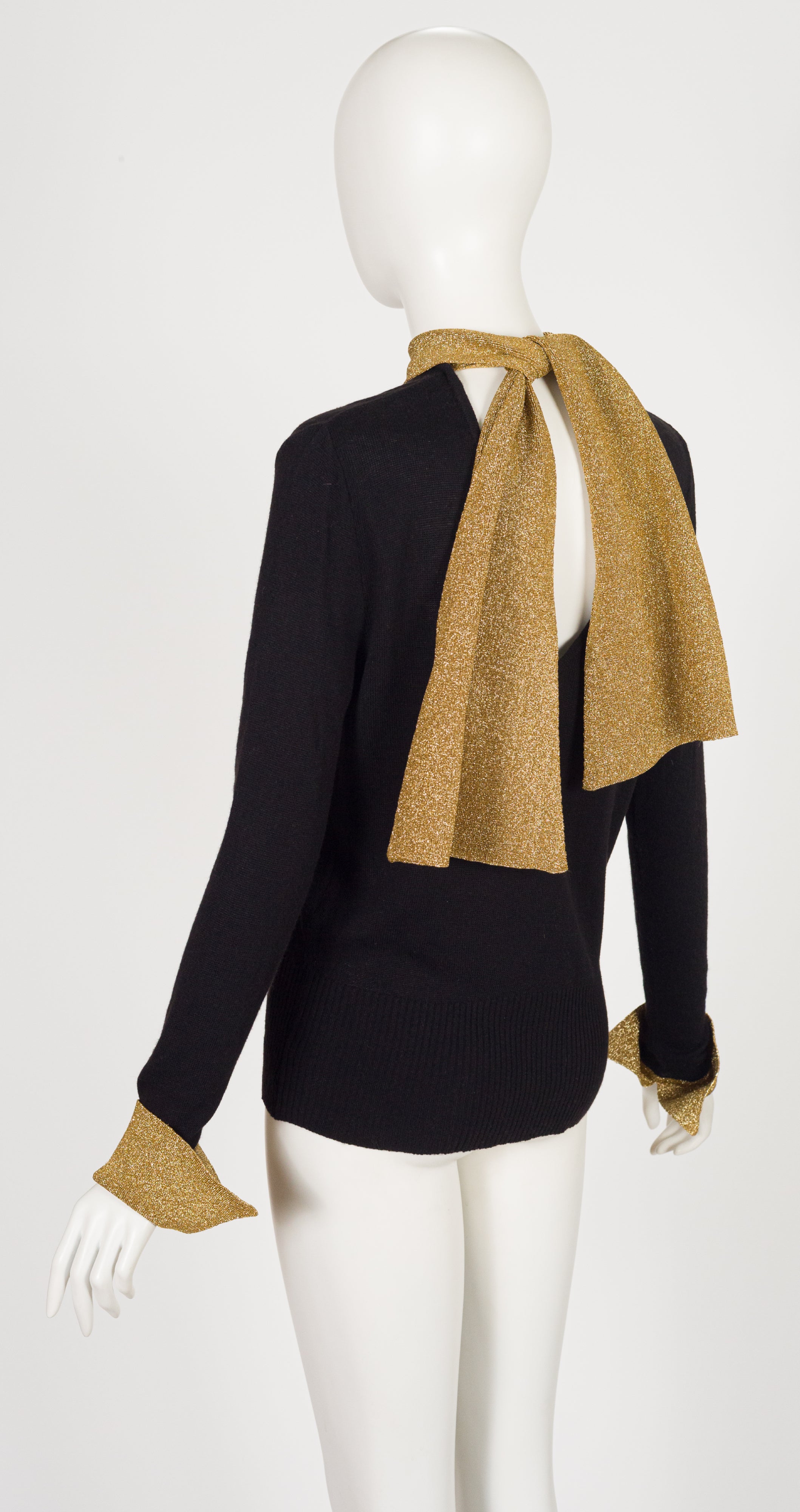 1980s Black Cashmere & Gold Metallic Tie-Neck Sweater