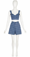 1990s Blue Floral Cotton Bustier Crop Top & Shorts Set