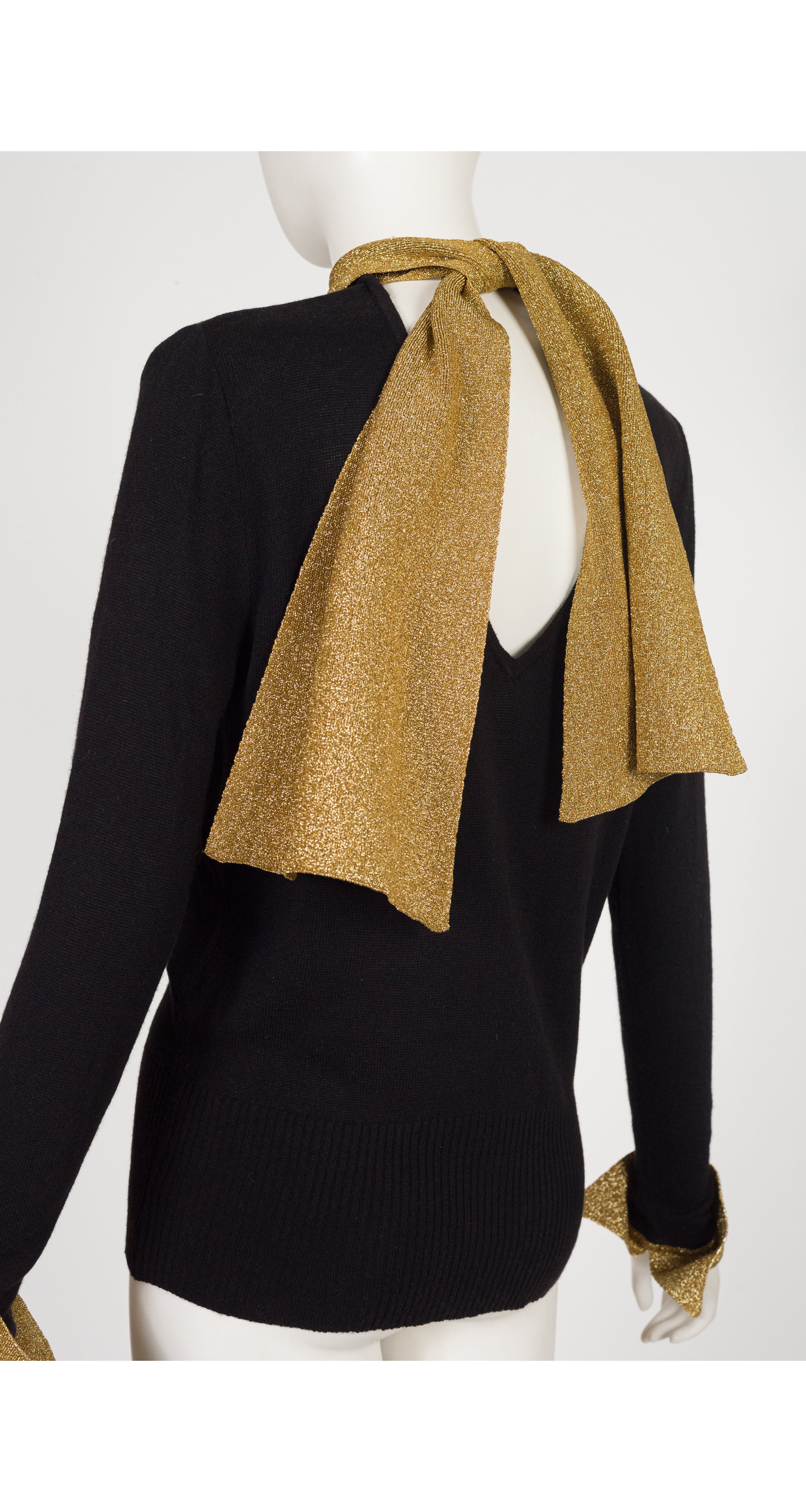 1980s Black Cashmere & Gold Metallic Tie-Neck Sweater