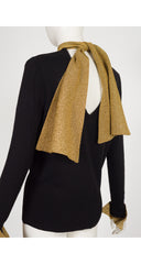 1980s Black Cashmere & Gold Metallic Tie-Neck Sweater