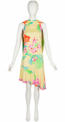 2001 S/S Floral Yellow Silk Jersey Asymmetrical Dress