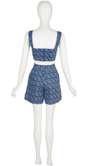 1990s Blue Floral Cotton Bustier Crop Top & Shorts Set