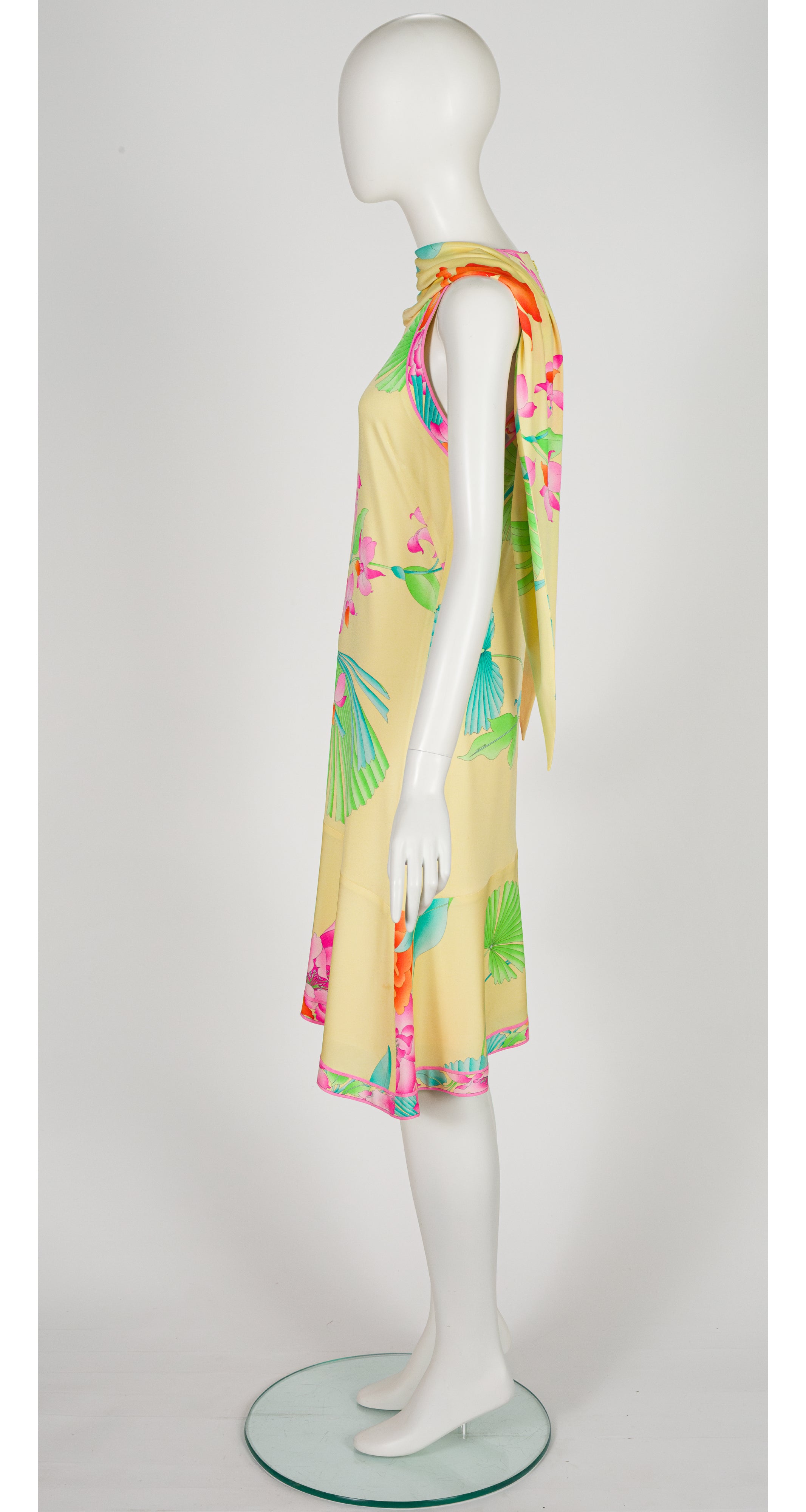 2001 S/S Floral Yellow Silk Jersey Asymmetrical Dress