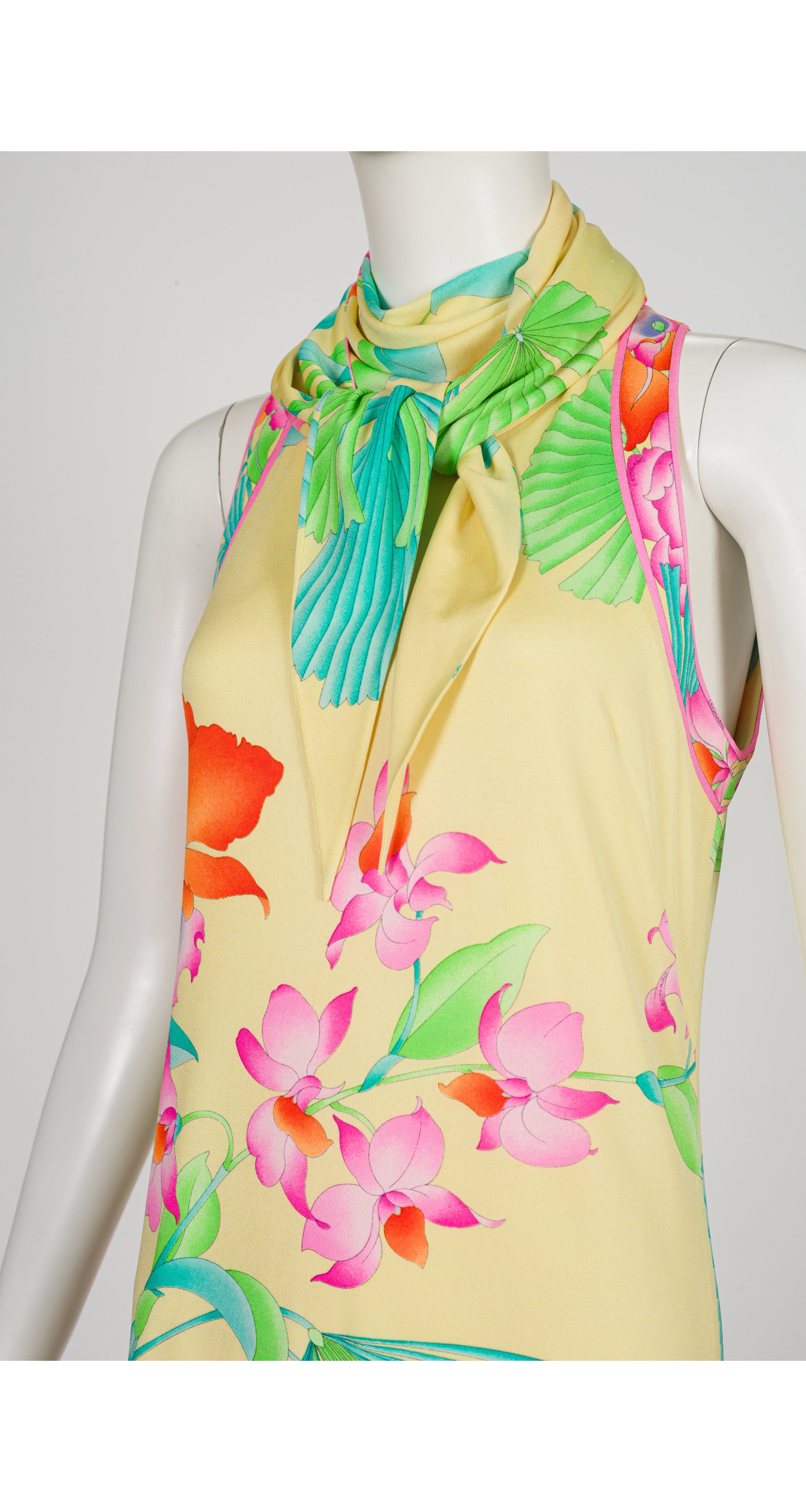 2001 S/S Floral Yellow Silk Jersey Asymmetrical Dress