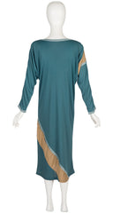 1980s Teal Rayon Jersey Long Sleeve Midi Dress