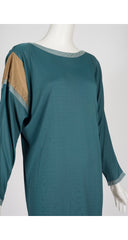 1980s Teal Rayon Jersey Long Sleeve Midi Dress