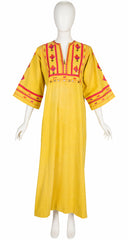 1970s Hand-Embroidered Yellow Cotton Caftan Maxi Dress