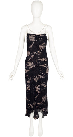 1990s Op Art Devoré Rhinestone Chain Evening Slip Dress