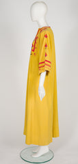 1970s Hand-Embroidered Yellow Cotton Caftan Maxi Dress