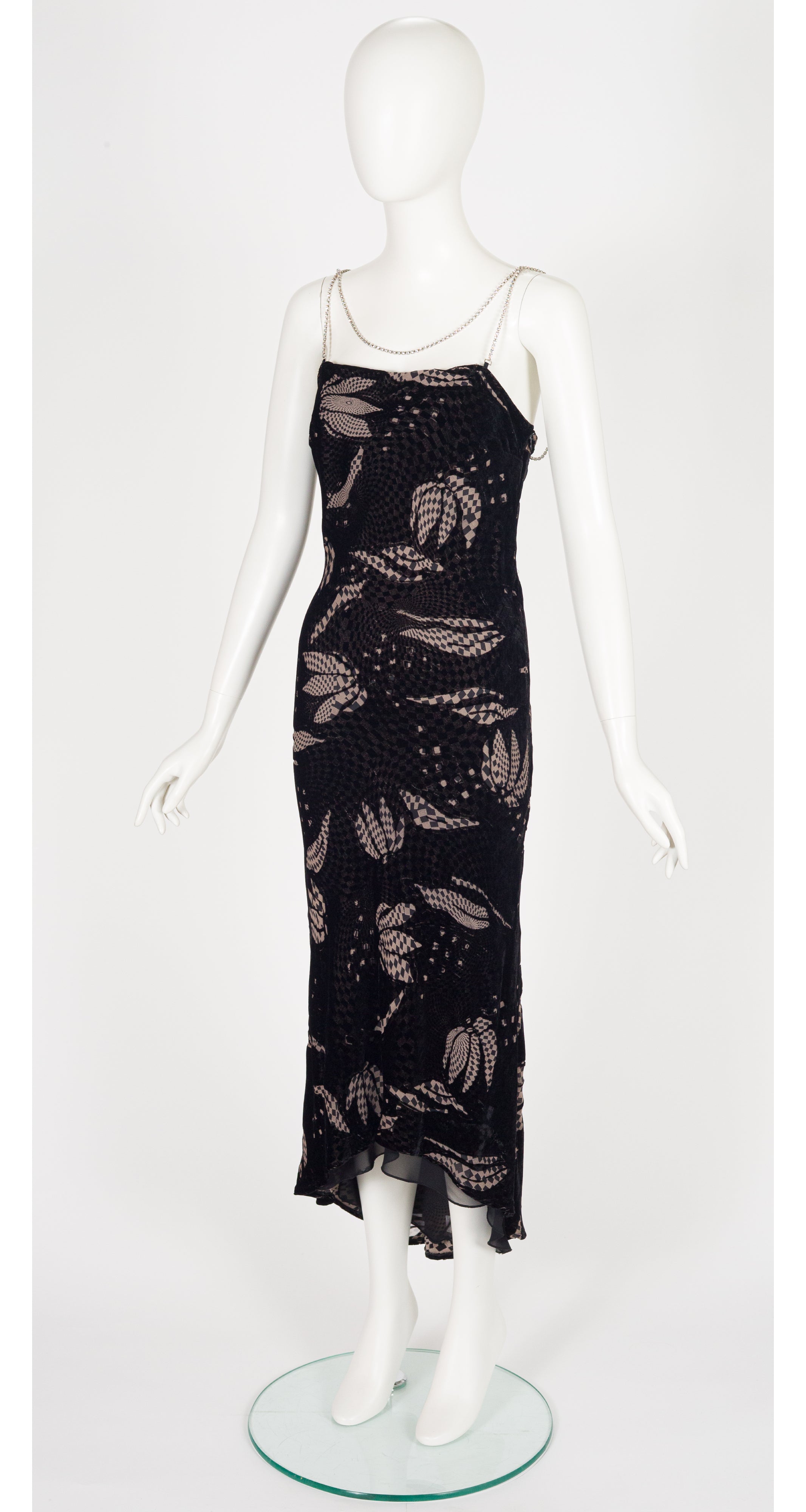 1990s Op Art Devoré Rhinestone Chain Evening Slip Dress